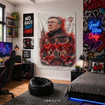 Manchester United Sir Alex Ferguson Era Premium Jute Fabric Tapestry | Old Trafford Wall Hanging | IBRELIA™