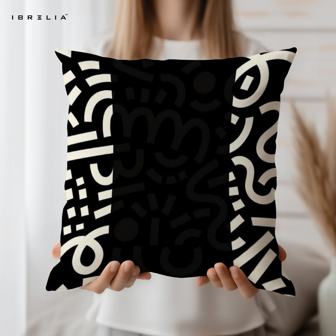 Monochrome Abstract Cushion | Black & White Modern Pattern Design | Premium Jute Fabric | Double-Sided Print | IBRELIA™ IBRELIA