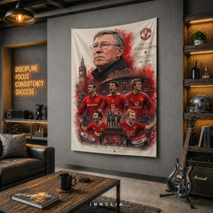 Manchester United Sir Alex Ferguson Era Premium Jute Fabric Tapestry | Old Trafford Wall Hanging | IBRELIA™