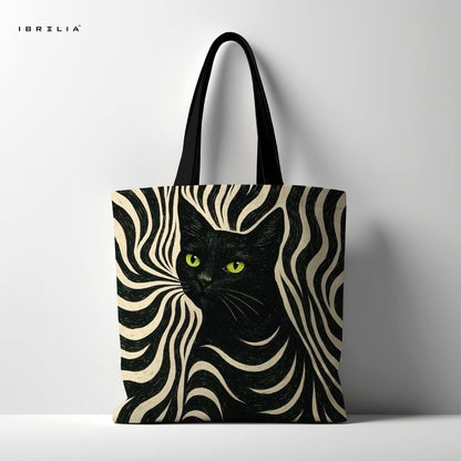 IBRELIA™ Noir Zebra Cat Tote Bag – Artistic Black Cat Aesthetic Tote IBRELIA