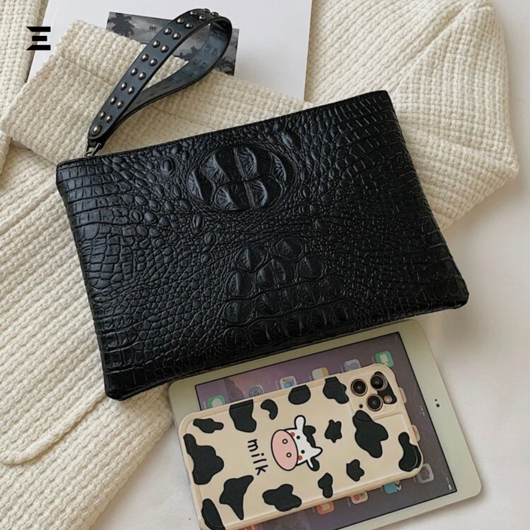 Crocodile Embossed Studded Wristlet Bag | Vintage Old-Money PU Leather Clutch for Women | IBRELIA™