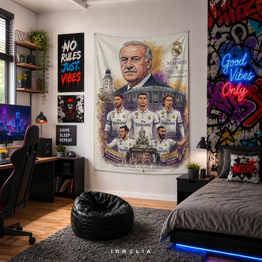 Real Madrid Legends Premium Jute Fabric Tapestry | Santiago Bernabéu Wall Hanging | IBRELIA™