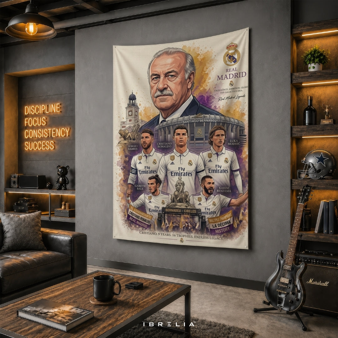 Real Madrid Legends Premium Jute Fabric Tapestry | Santiago Bernabéu Wall Hanging | IBRELIA™