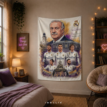 Real Madrid Legends Premium Jute Fabric Tapestry | Santiago Bernabéu Wall Hanging | IBRELIA™