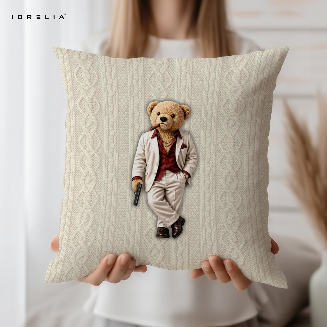 Gangster Teddy Cushion | Scarface Style Bear Design | Premium Jute Fabric | Double-Sided Print | IBRELIA™ IBRELIA