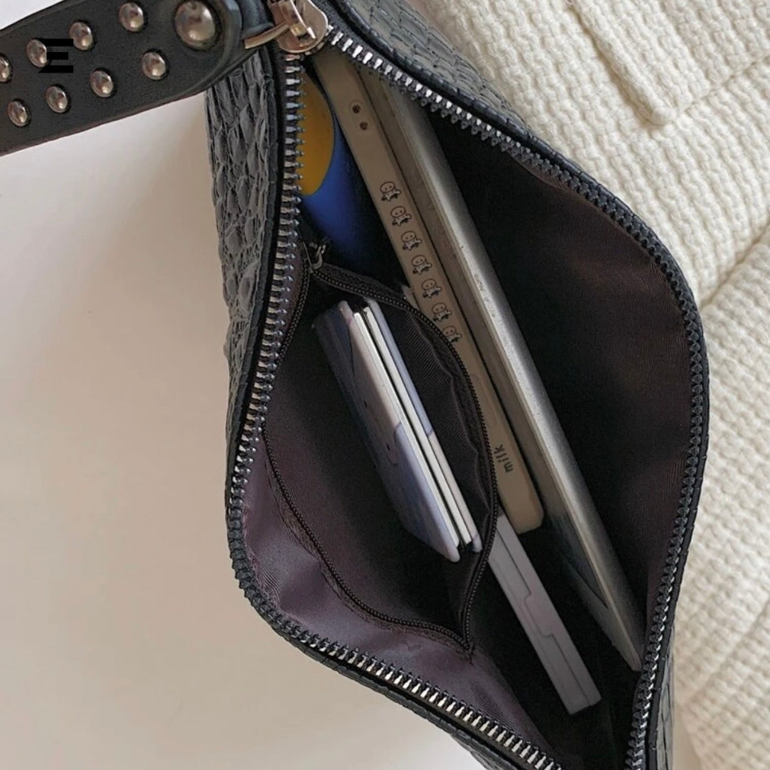 Crocodile Embossed Studded Wristlet Bag | Vintage Old-Money PU Leather Clutch for Women | IBRELIA™