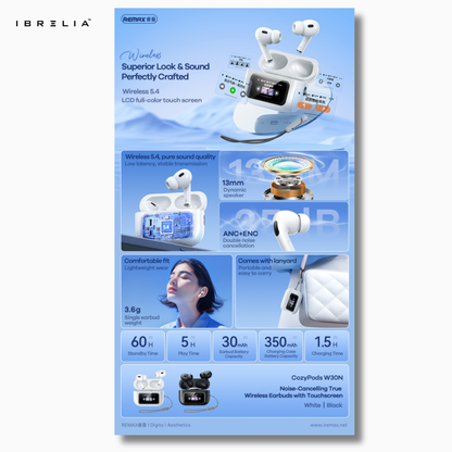REMAX CozyPods W30N TWS Earbuds | Smart Full-Color Touchscreen Case | ANC + ENC Noise Cancellation | IBRELIA™