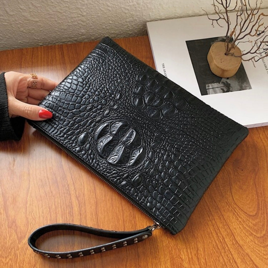 Crocodile Embossed Studded Wristlet Bag | Vintage Old-Money PU Leather Clutch for Women | IBRELIA™