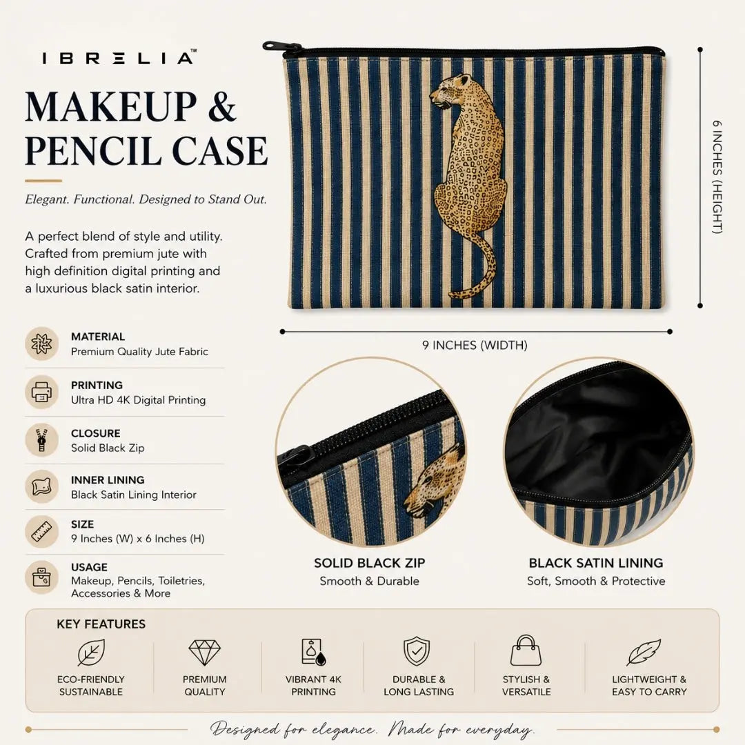 Leopard on Stripes Jute Pouch — Premium Makeup Bag & Pencil Case