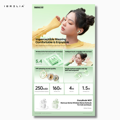 REMAX CozyBuds W27 Wireless Stereo Earbuds | Mini & Lightweight Design | Starryue Series | IBRELIA™