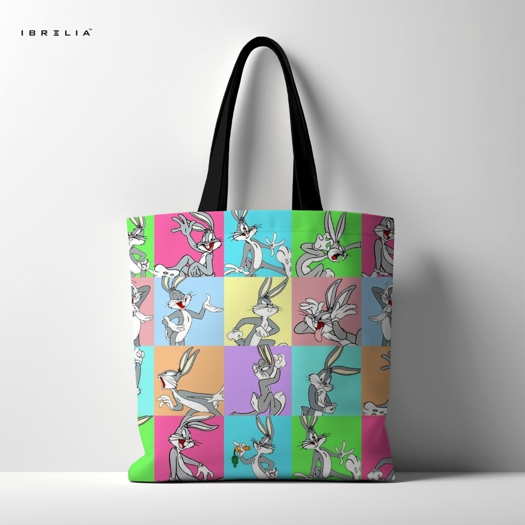 IBRELIA™ Retro Bunny Pop Art Tote Bag – Color Block Cartoon Tote