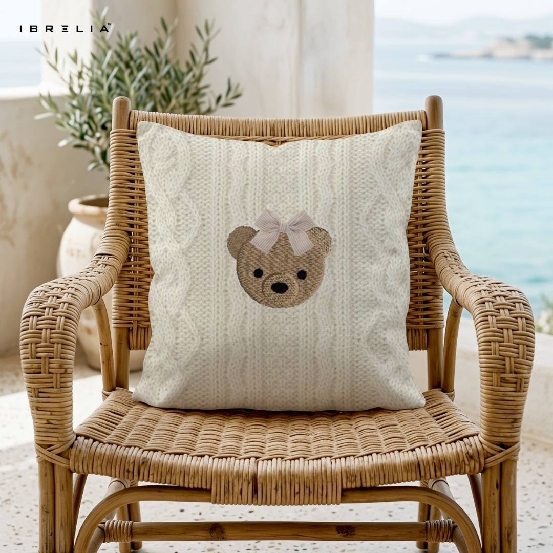 Minimal Teddy Face Cushion | Cute Bow Bear Design | Premium Jute Fabric | Double-Sided Print | IBRELIA™ IBRELIA