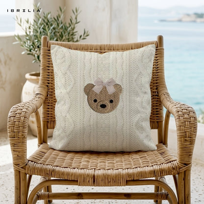 Minimal Teddy Face Cushion | Cute Bow Bear Design | Premium Jute Fabric | Double-Sided Print | IBRELIA™ IBRELIA