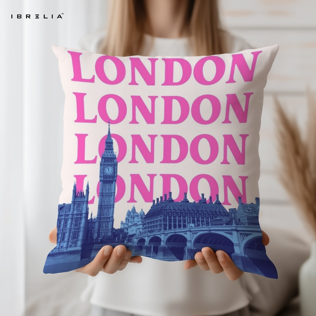 London Aesthetic Cushion | Big Ben Cityscape Design | Pink Typography Cushion | IBRELIA™ IBRELIA