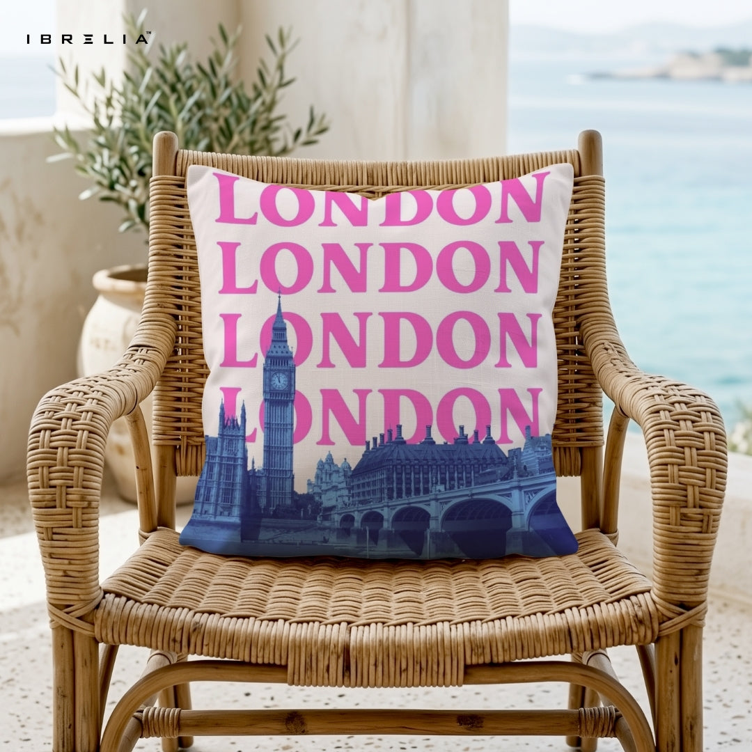 London Aesthetic Cushion | Big Ben Cityscape Design | Pink Typography Cushion | IBRELIA™ IBRELIA