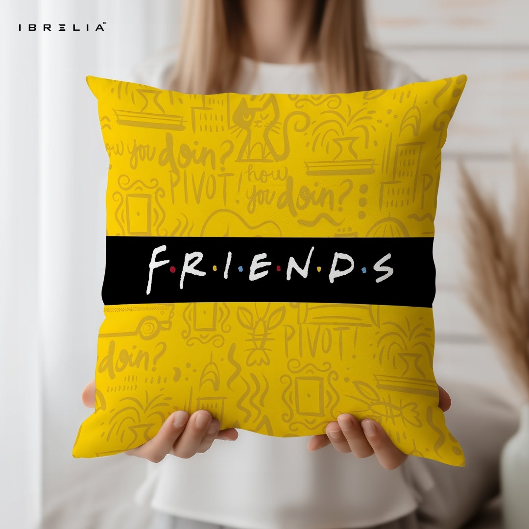 Friends Typography Cushion | “How You Doin?” & Pivot Design | Yellow Aesthetic Cushion | IBRELIA™ IBRELIA