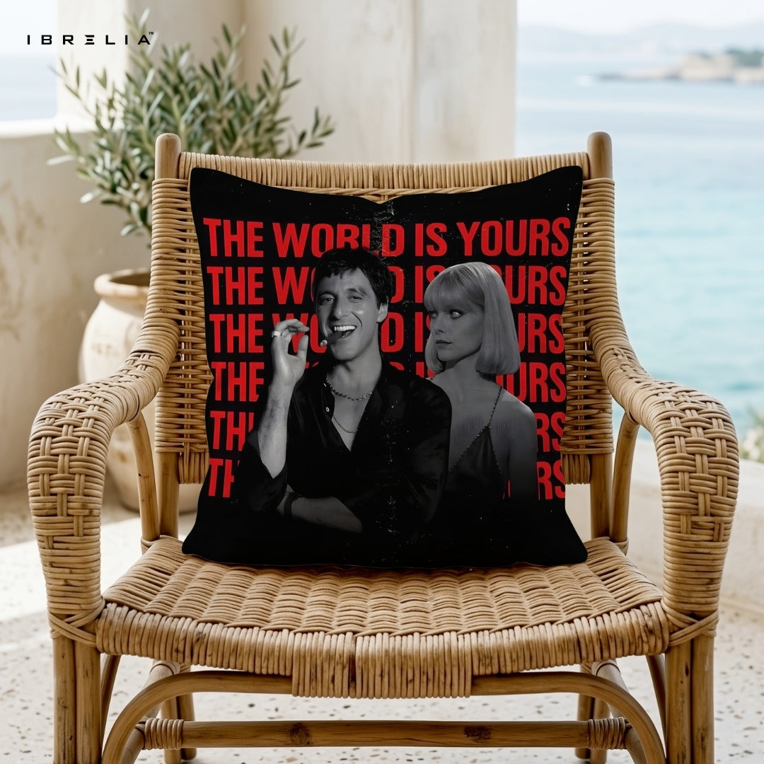 Scarface “The World Is Yours” Cushion – 15x15 Inch Movie Inspired Decorative Pillow | Double-Sided Print | Premium Fibre Filling | IBRELIA™ IBRELIA