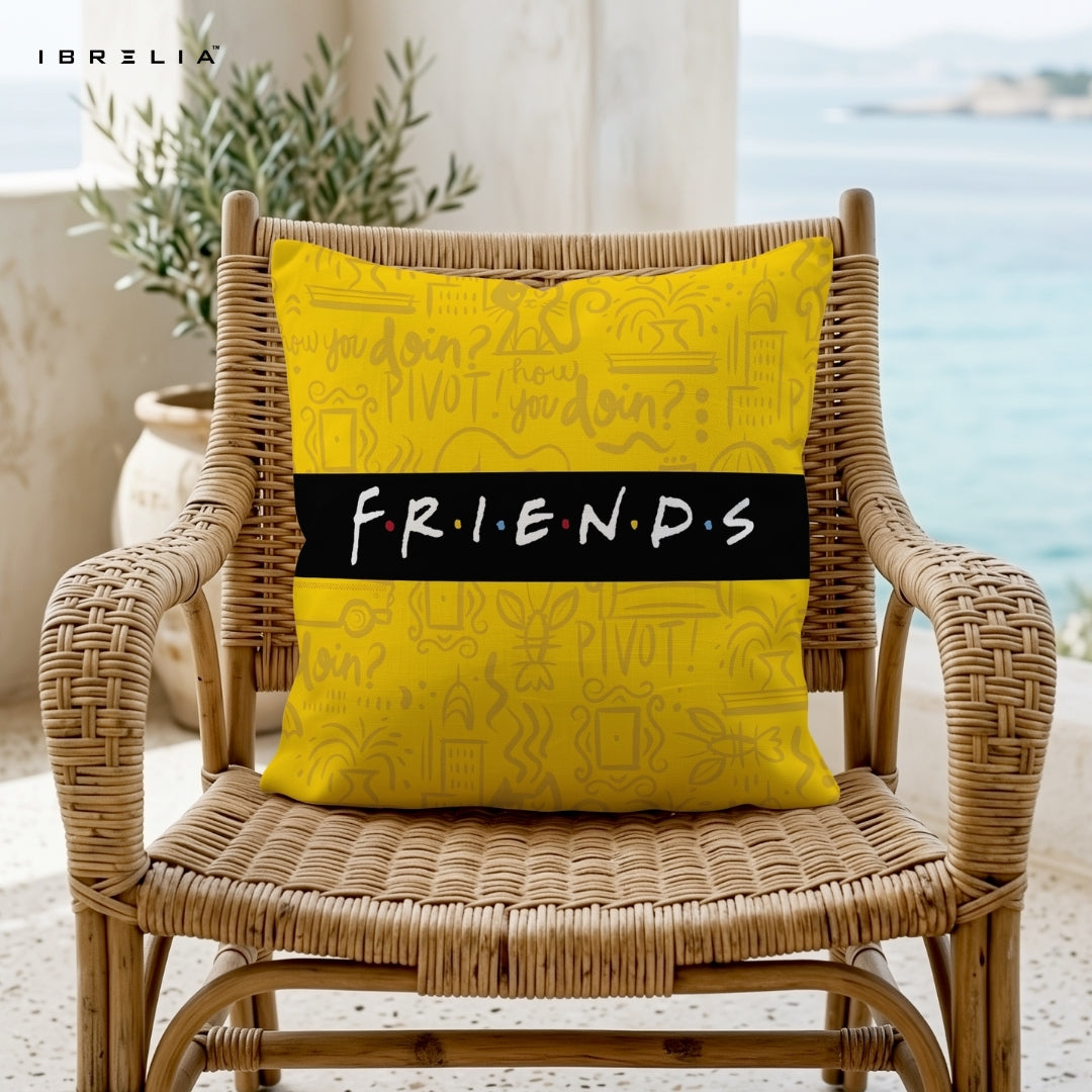 Friends Typography Cushion | “How You Doin?” & Pivot Design | Yellow Aesthetic Cushion | IBRELIA™ IBRELIA