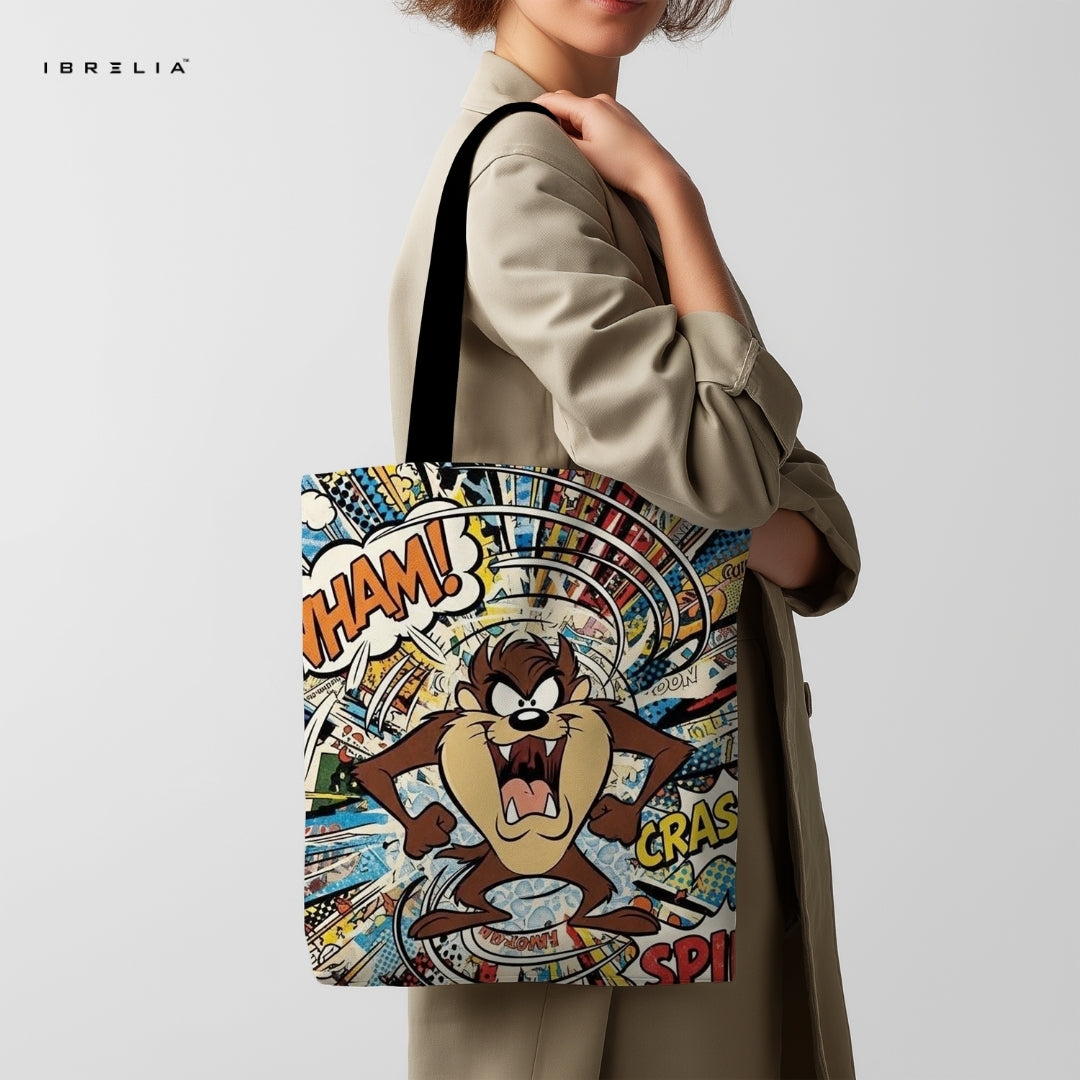 IBRELIA™ Tasmanian Comic Chaos Tote Bag – Retro Cartoon Pop Art Tote