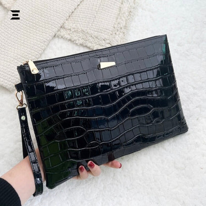 Shiny Crocodile Embossed Evening Wristlet Bag | Luxury Metal Decor Square Clutch for Women | IBRELIA™