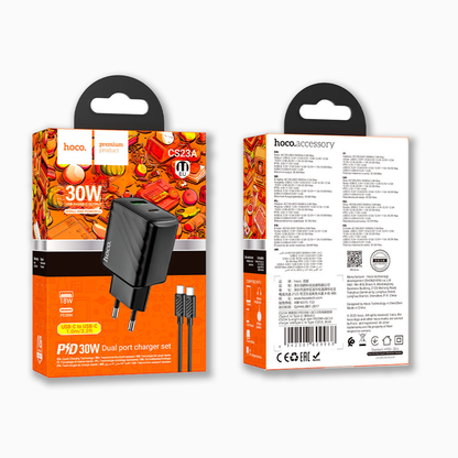 HOCO CS63A Bright PD65W Dual-Port Fast Charger Set (USB-C + USB-A | Includes 1m 60W Type-C Cable | EU Plug) | IBRELIA™