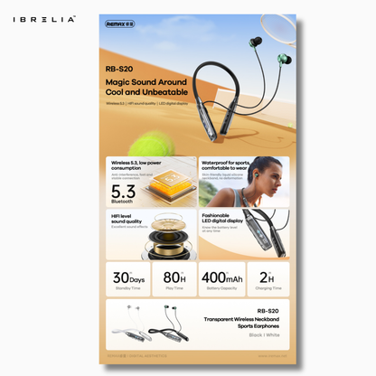 REMAX RB-S20 Wireless Neckband Earphones | LED Digital Display | Magnetic Sports Design | IBRELIA™