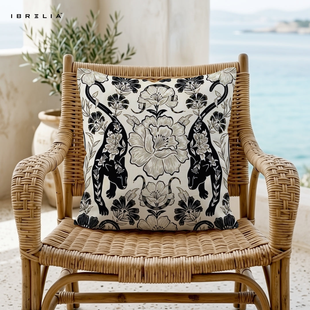 Black Panther Floral Cushion | Luxury Animal Pattern Cushion | Monochrome Decorative Cushion | IBRELIA™ IBRELIA