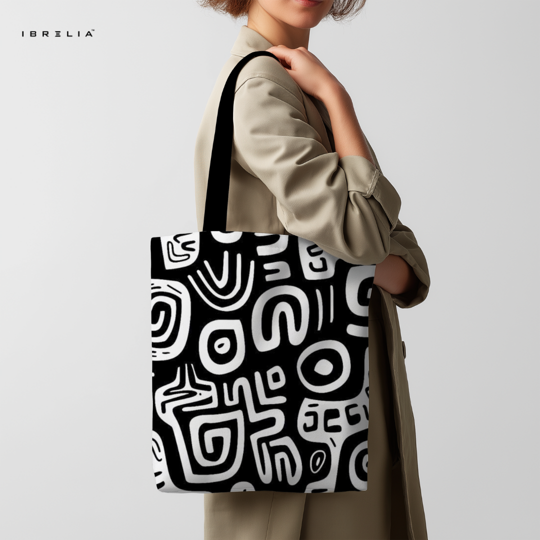 IBRELIA™ Monochrome Abstract Pattern Premium Jute Tote Bag with Velvet Handles & Inner Zip Pocket IBRELIA