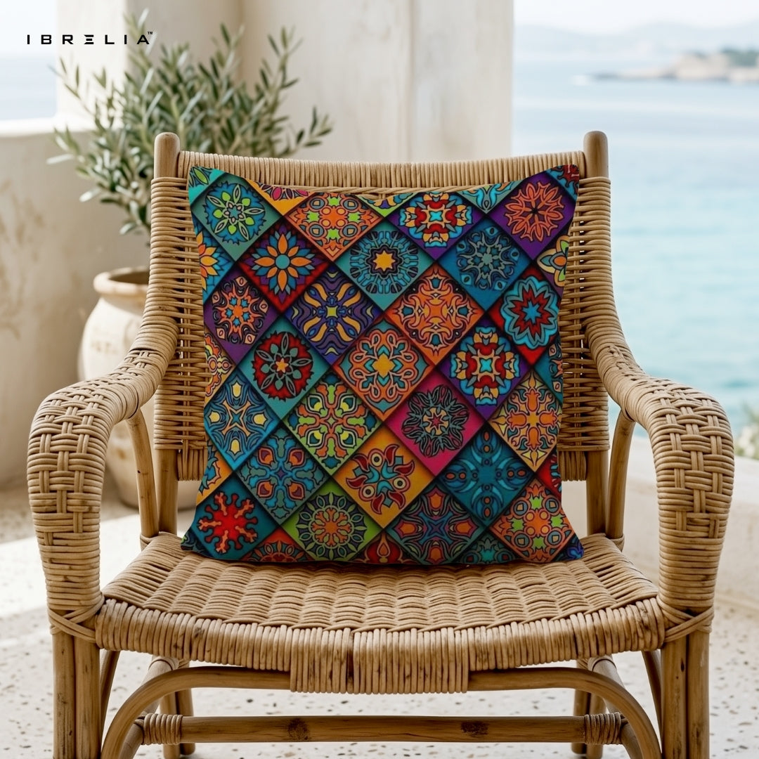 Colorful Tile Pattern Cushion | Moroccan Geometric Cushion | Boho Mosaic Decorative Cushion | IBRELIA™ IBRELIA