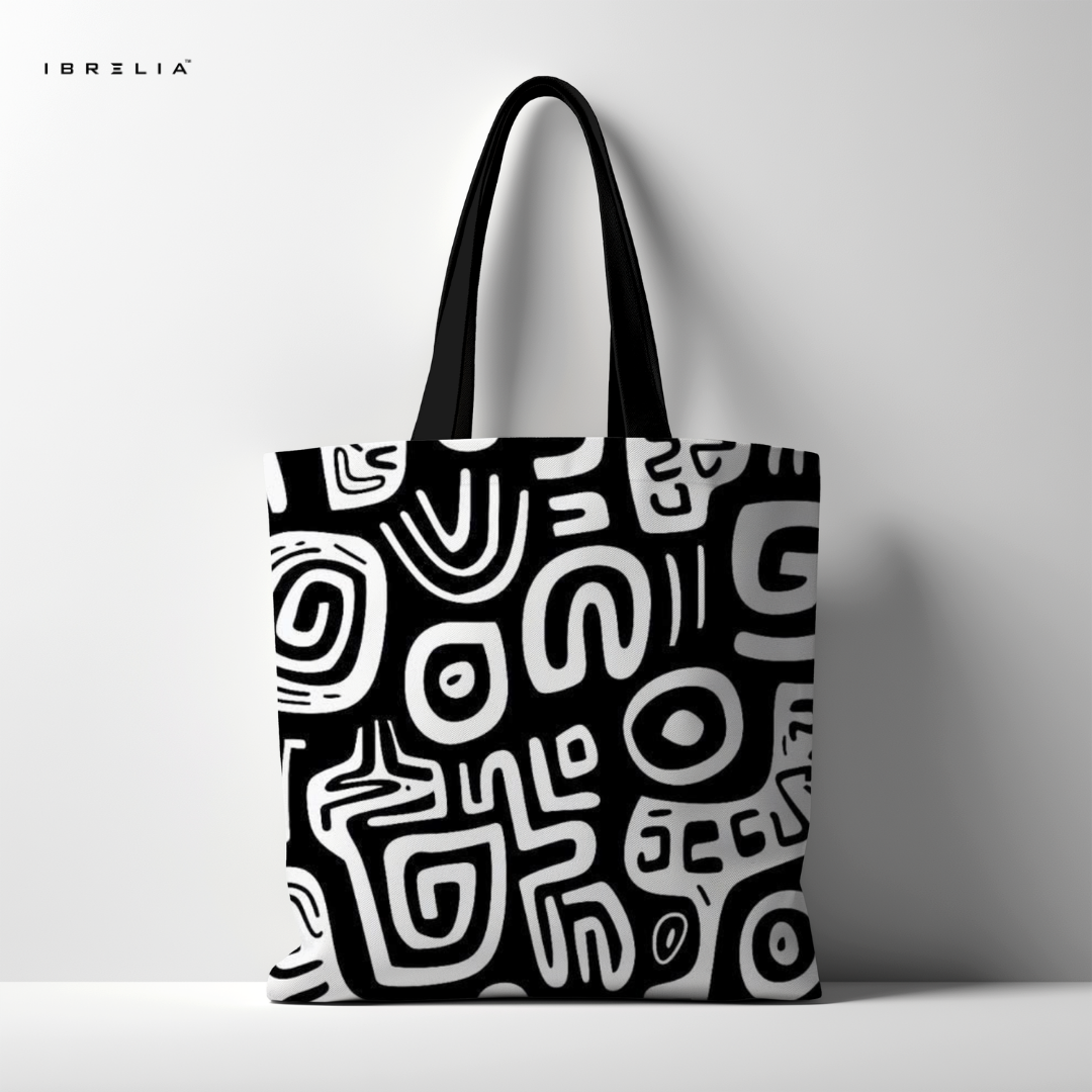 IBRELIA™ Monochrome Abstract Pattern Premium Jute Tote Bag with Velvet Handles & Inner Zip Pocket IBRELIA