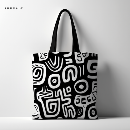 IBRELIA™ Monochrome Abstract Pattern Premium Jute Tote Bag with Velvet Handles & Inner Zip Pocket IBRELIA