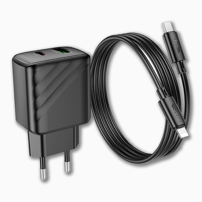HOCO CS63A Bright PD65W Dual-Port Fast Charger Set (USB-C + USB-A | Includes 1m 60W Type-C Cable | EU Plug) | IBRELIA™