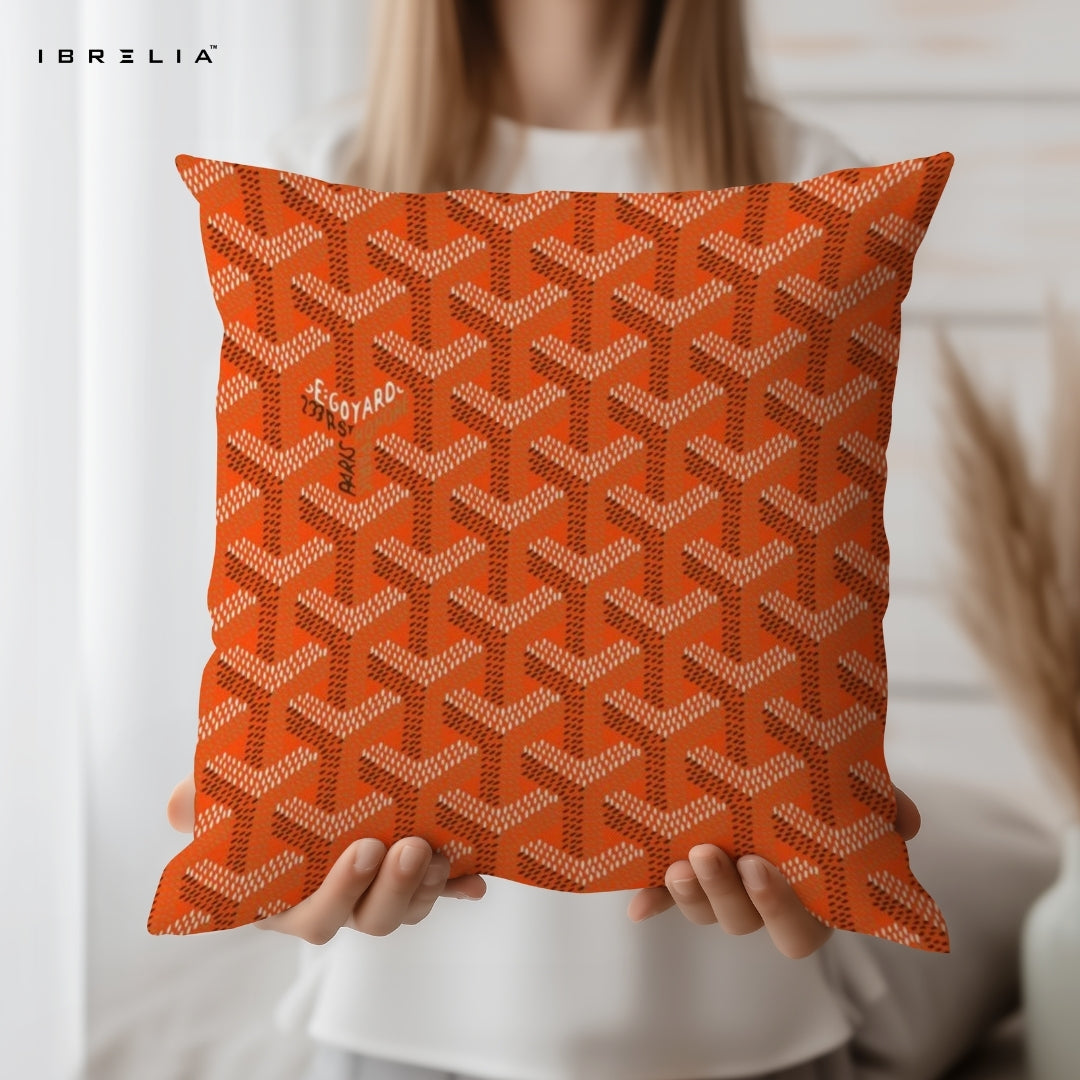 Luxury Orange Monogram Cushion 15x15 Inch | Premium Pattern Designer Pillow | IBRELIA™ IBRELIA