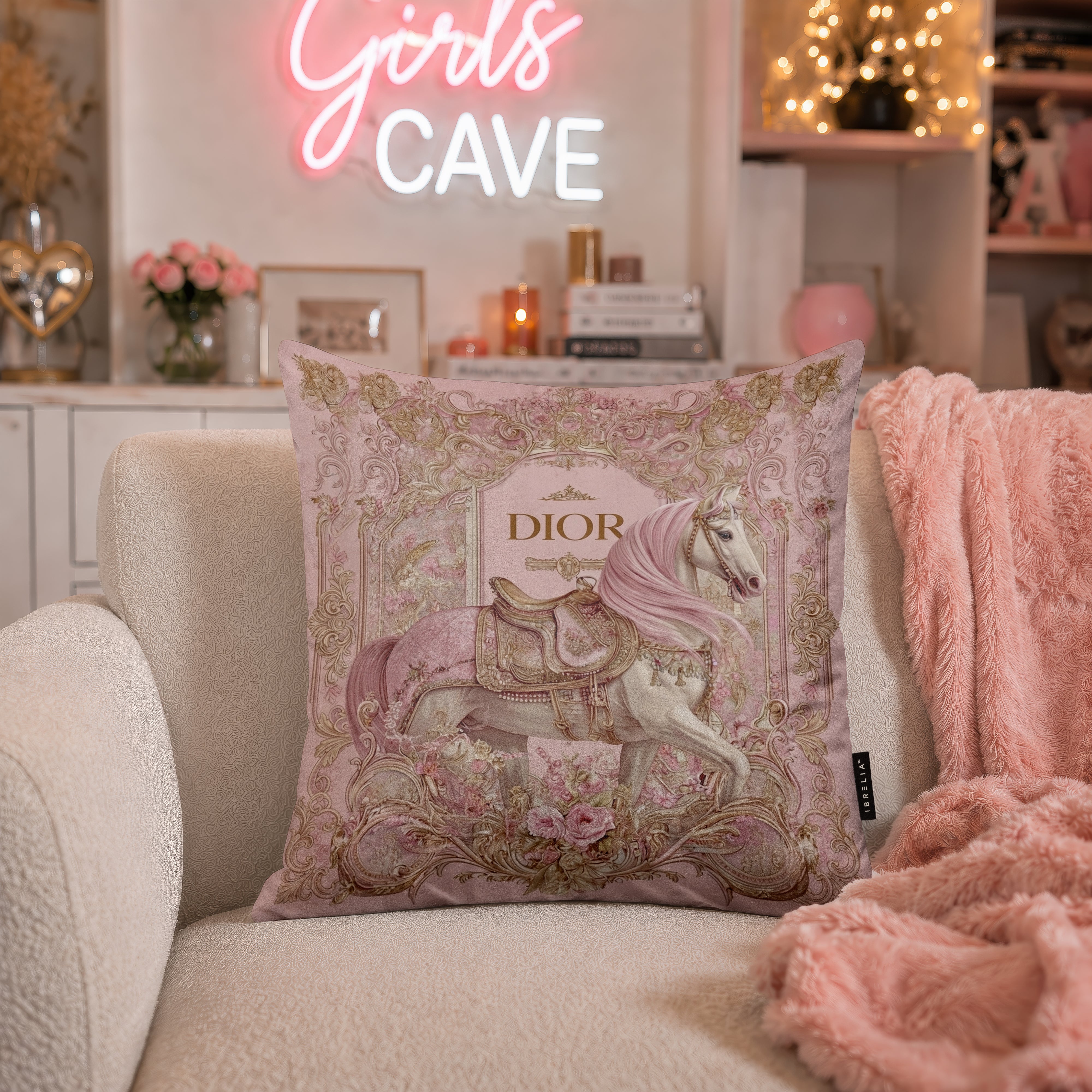 Luxury Pink Floral Horse Designer Cushion | Premium Velvet Suede | Double-Sided Print
