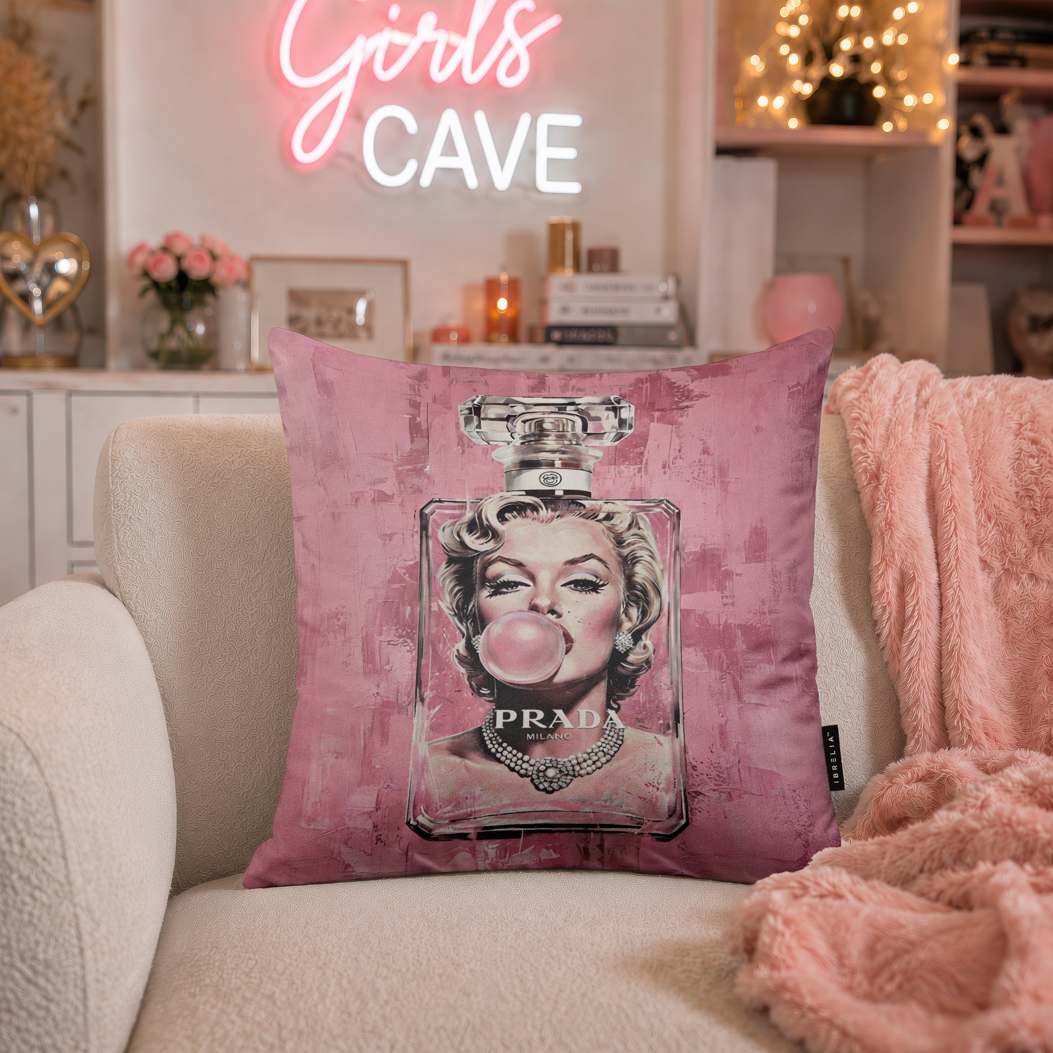 Luxury Pink Fashion Perfume Designer Cushion | Premium Velvet Suede | Double-Sided Print