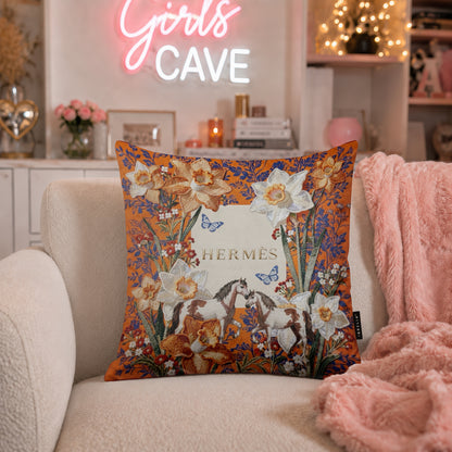 Luxury Hermès Floral Horse Designer Cushion | Premium Velvet Suede | Double-Sided Print