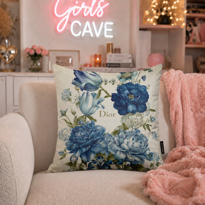 Luxury Blue Floral Designer Cushion | Premium Velvet Suede | Double-Sided Print