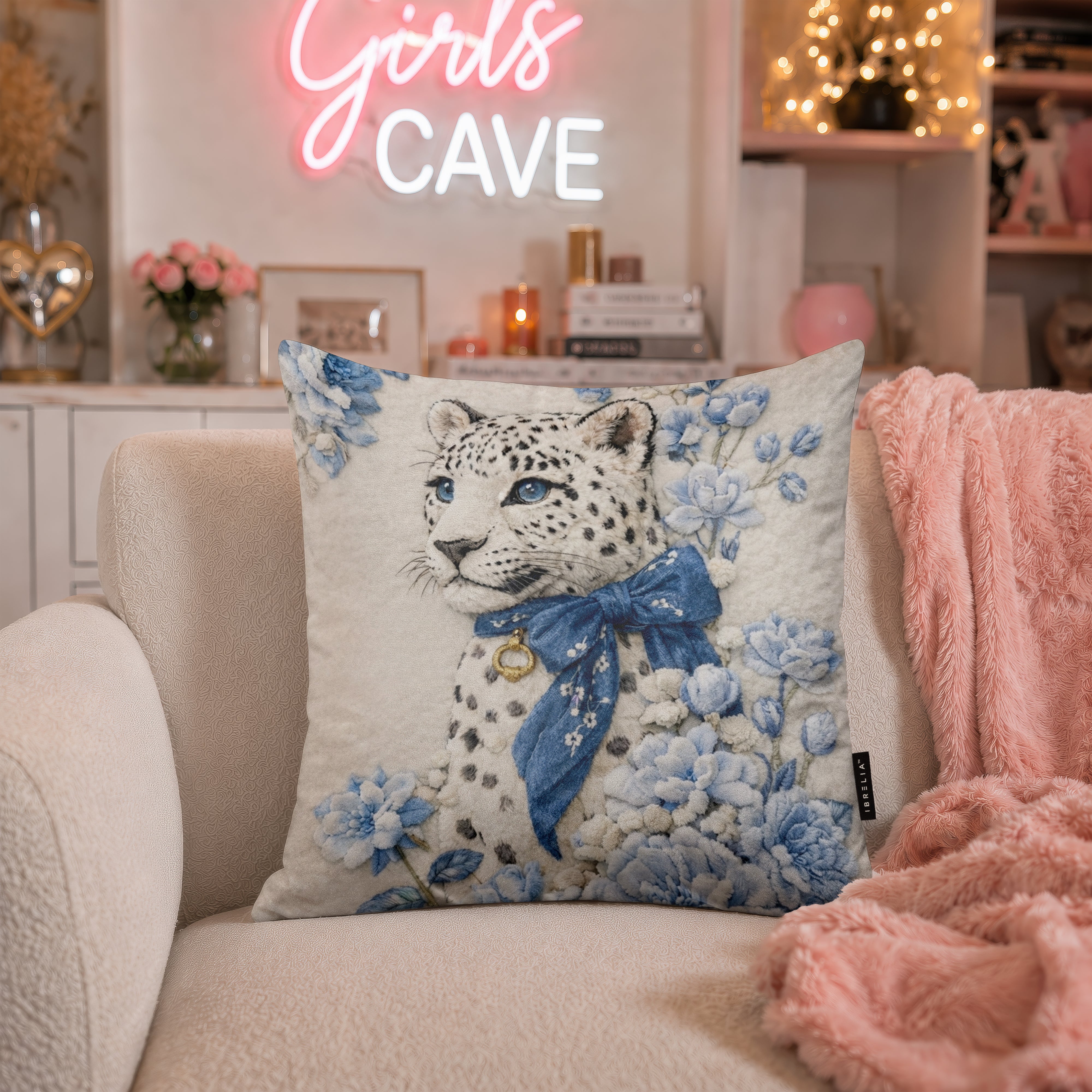 Luxury Snow Leopard Floral Cushion | Premium Velvet Suede | Double-Sided Print