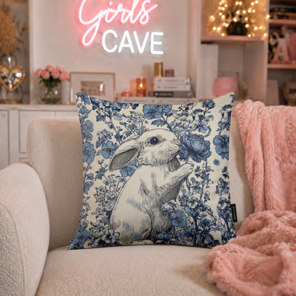 Luxury Blue Bunny Botanical Cushion | Premium Velvet Suede | Double-Sided Print