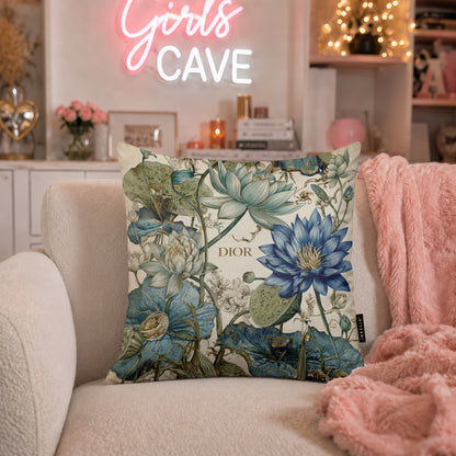 Luxury Blue Botanical Designer Cushion | Premium Velvet Suede | Double-Sided Print