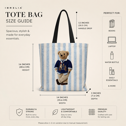 IBRELIA™ Teddy Stripe Premium Jute Tote Bag with Velvet Handles, Satin Lining & Inner Zip Pocket IBRELIA