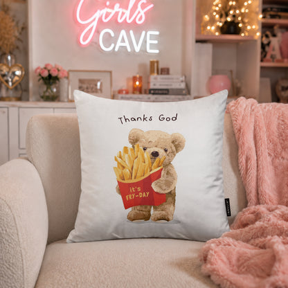 Thanks God It's Fry-Day Teddy Cushion | Premium Velvet Suede | Double-Sided Print