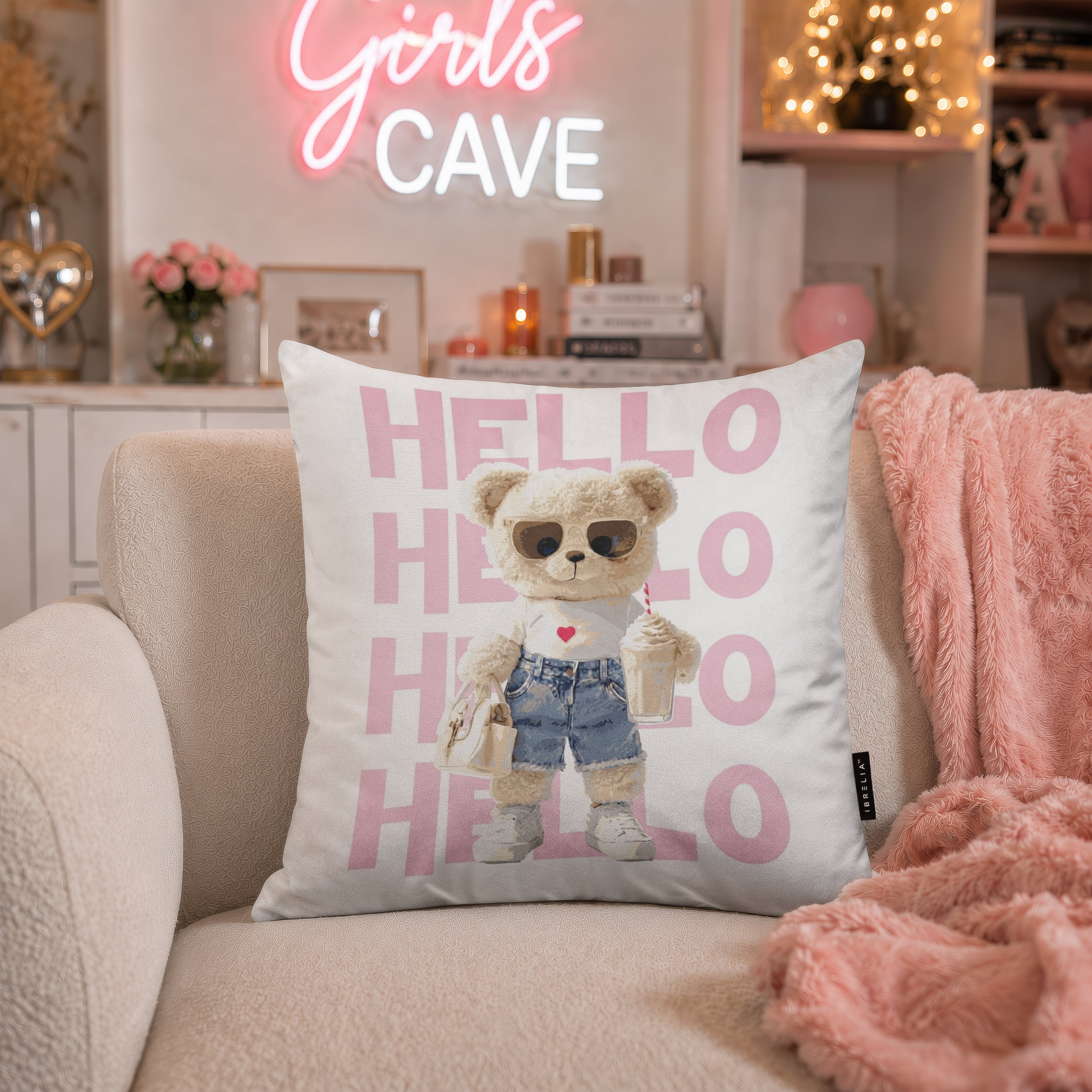 Hello Teddy Cushion | Premium Velvet Suede | Double-Sided Print
