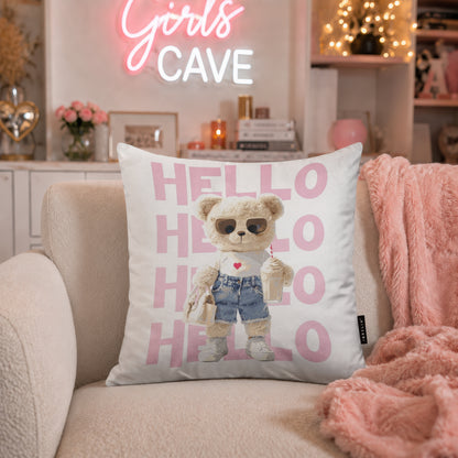 Hello Teddy Cushion | Premium Velvet Suede | Double-Sided Print