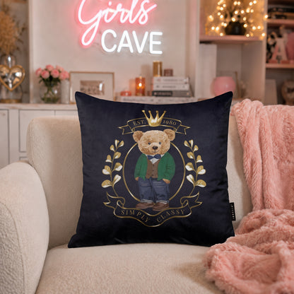 Royal Teddy Crest Cushion | Premium Velvet Suede | Double-Sided Print