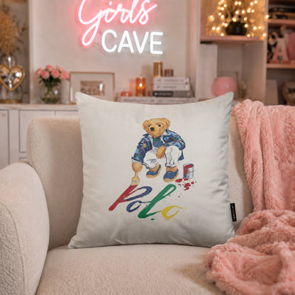 Artist Teddy Bear Velvet Suede Decorative Cushion | Premium Double-Sided Print