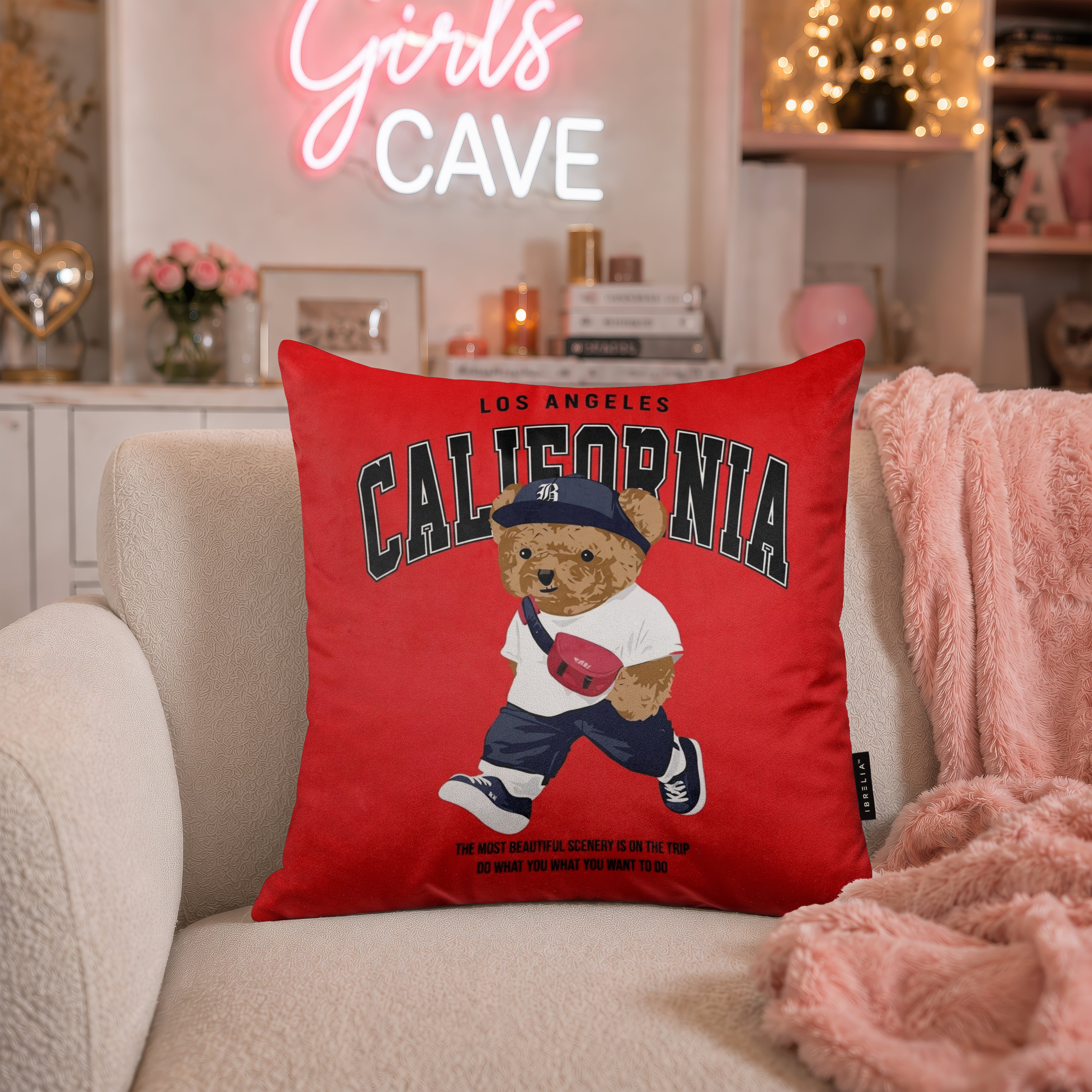 California Teddy Bear Velvet Suede Decorative Cushion | Premium Double-Sided Print