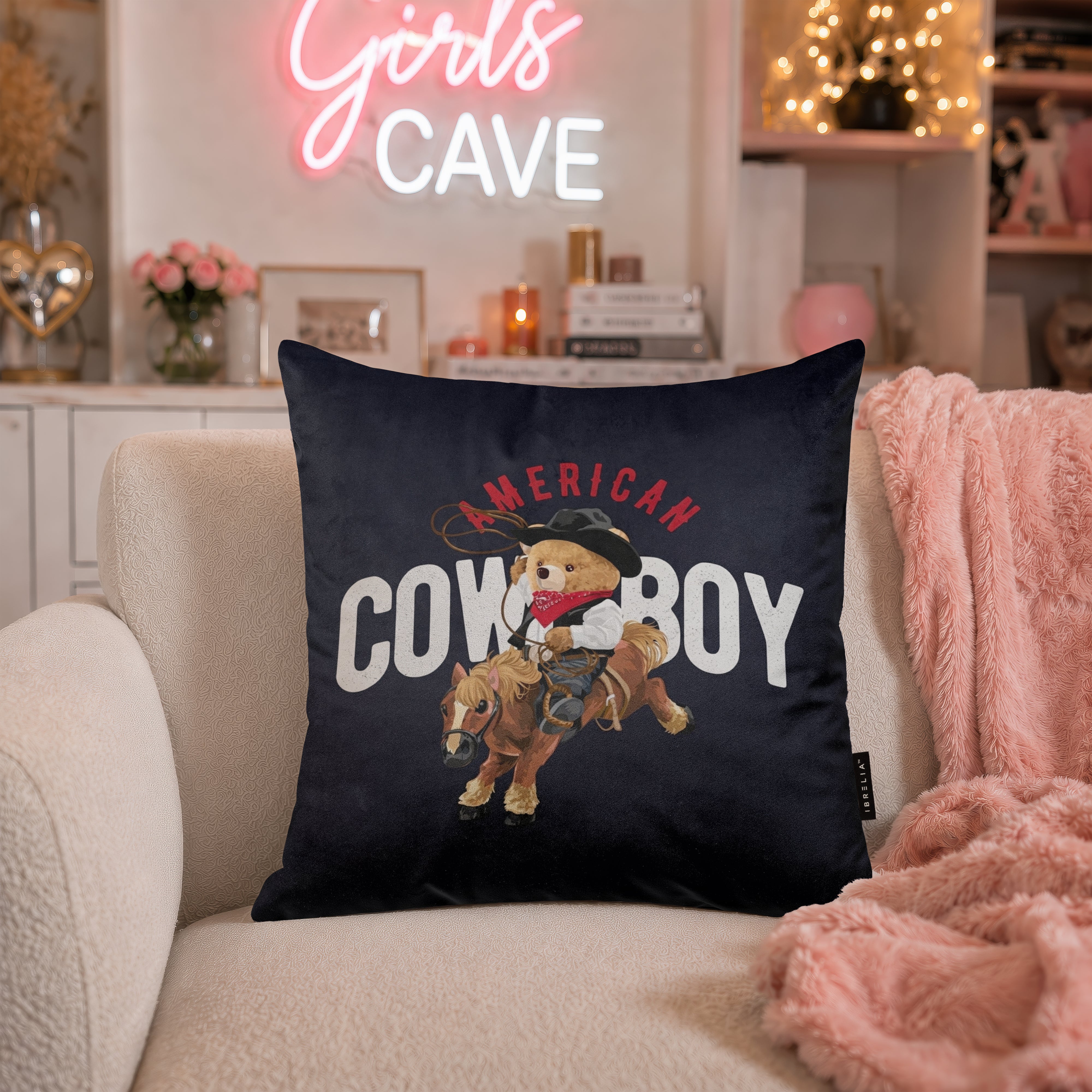 Cowboy Teddy Bear Velvet Suede Decorative Cushion | Premium Double-Sided Print