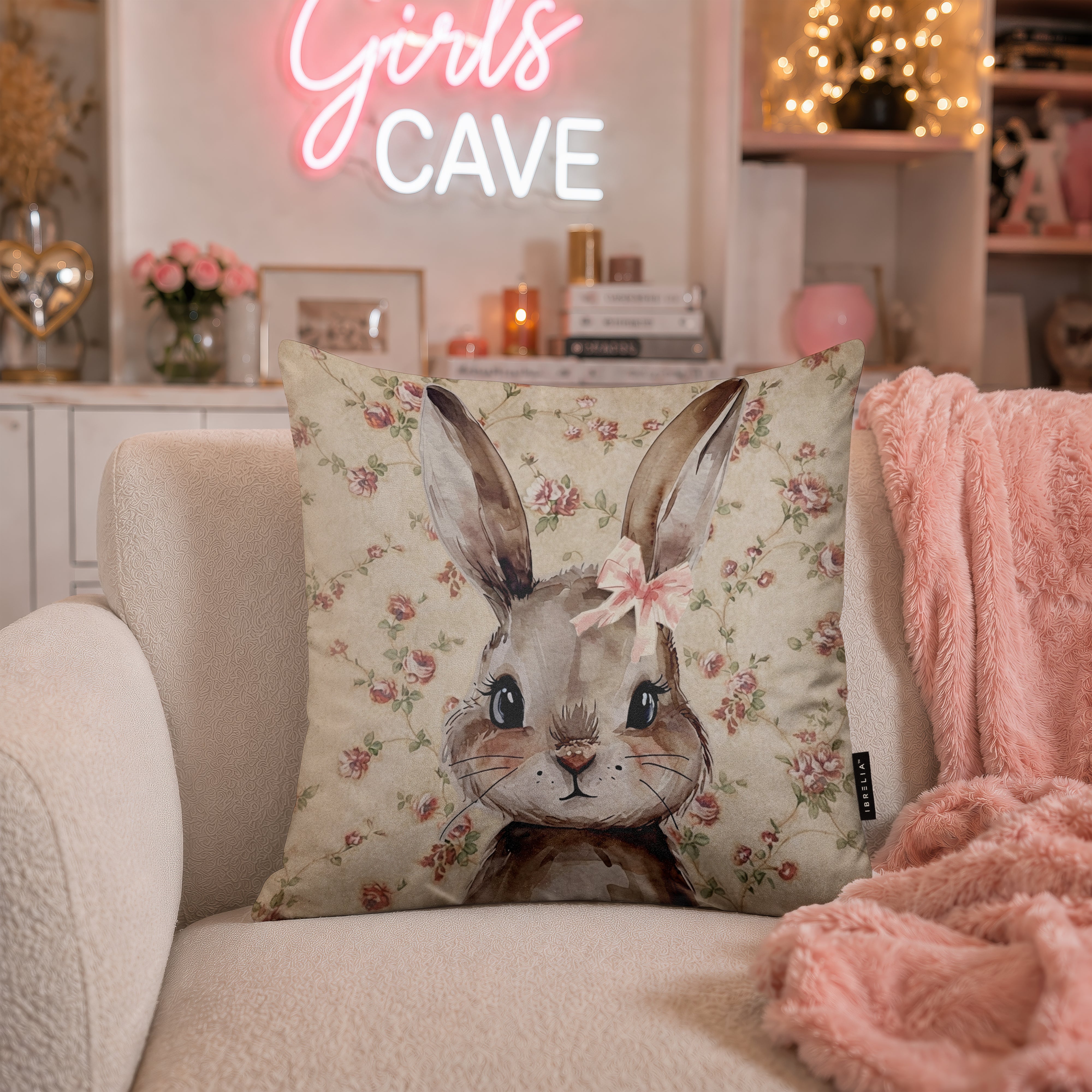 Vintage Floral Bunny Velvet Suede Decorative Cushion | Premium Double-Sided Print