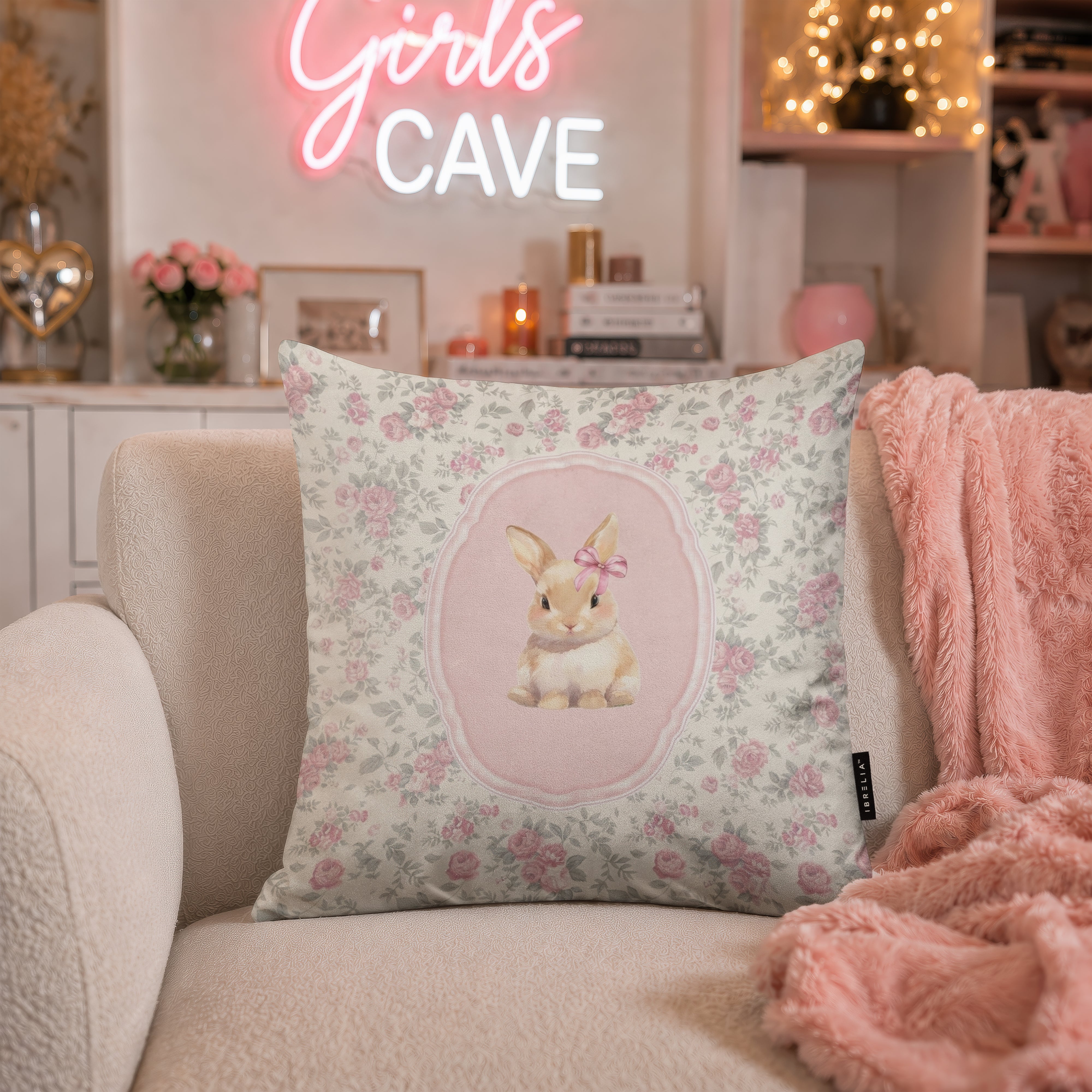Vintage Floral Bunny Velvet Suede Decorative Cushion | Premium Double-Sided Print